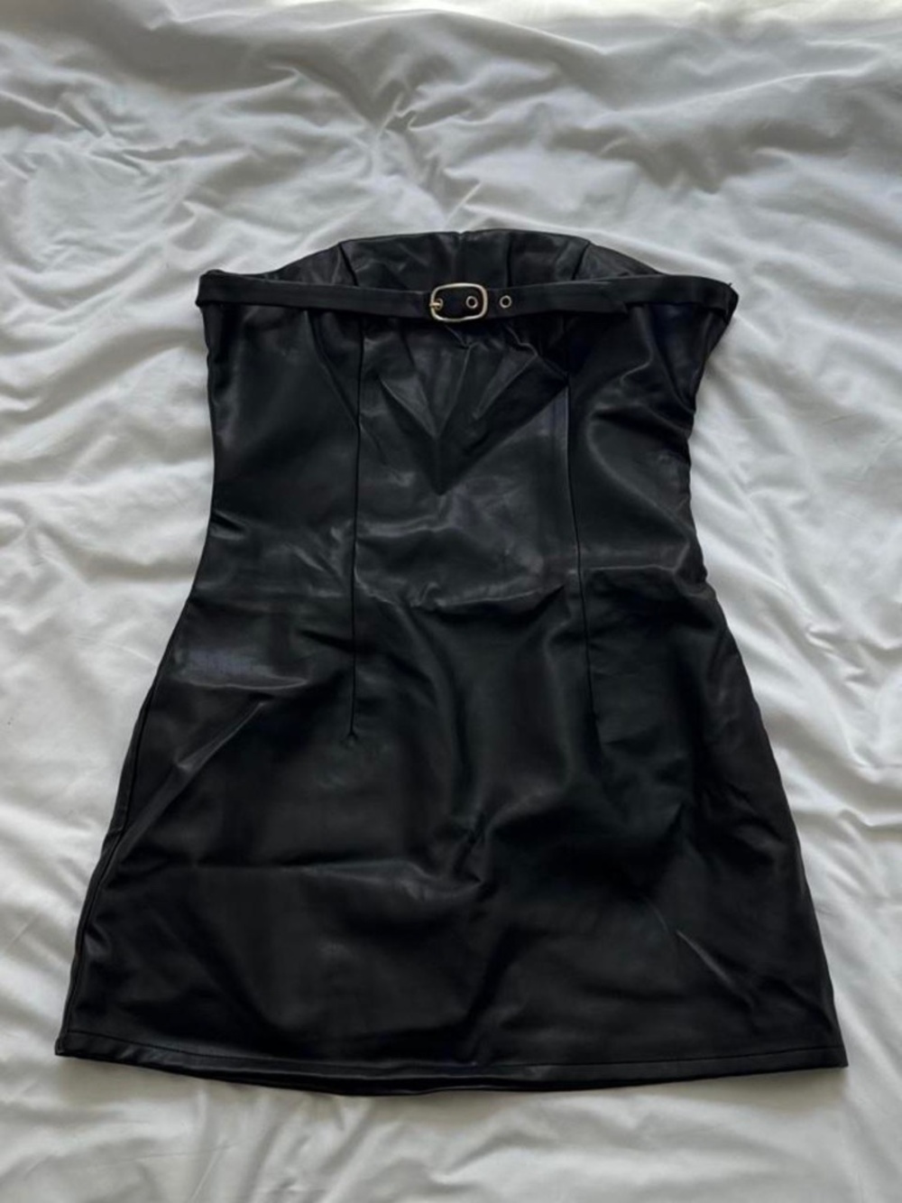 Superdown Black Faux Leather Strapless Belted Mini Dress